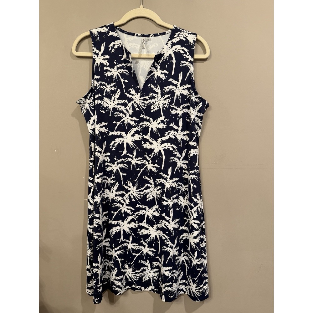Lulu B Navy Palm Tree Print Sleeveless V Neck Midi Dress Womens Size M